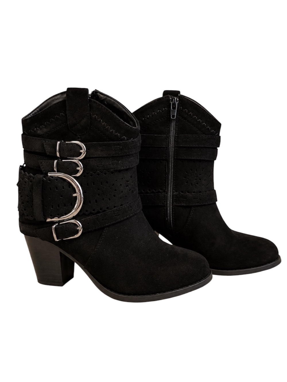 Pierre Dumas Black Western Ankle Boots Women’s Size 6 Buckle Block Heel Booties